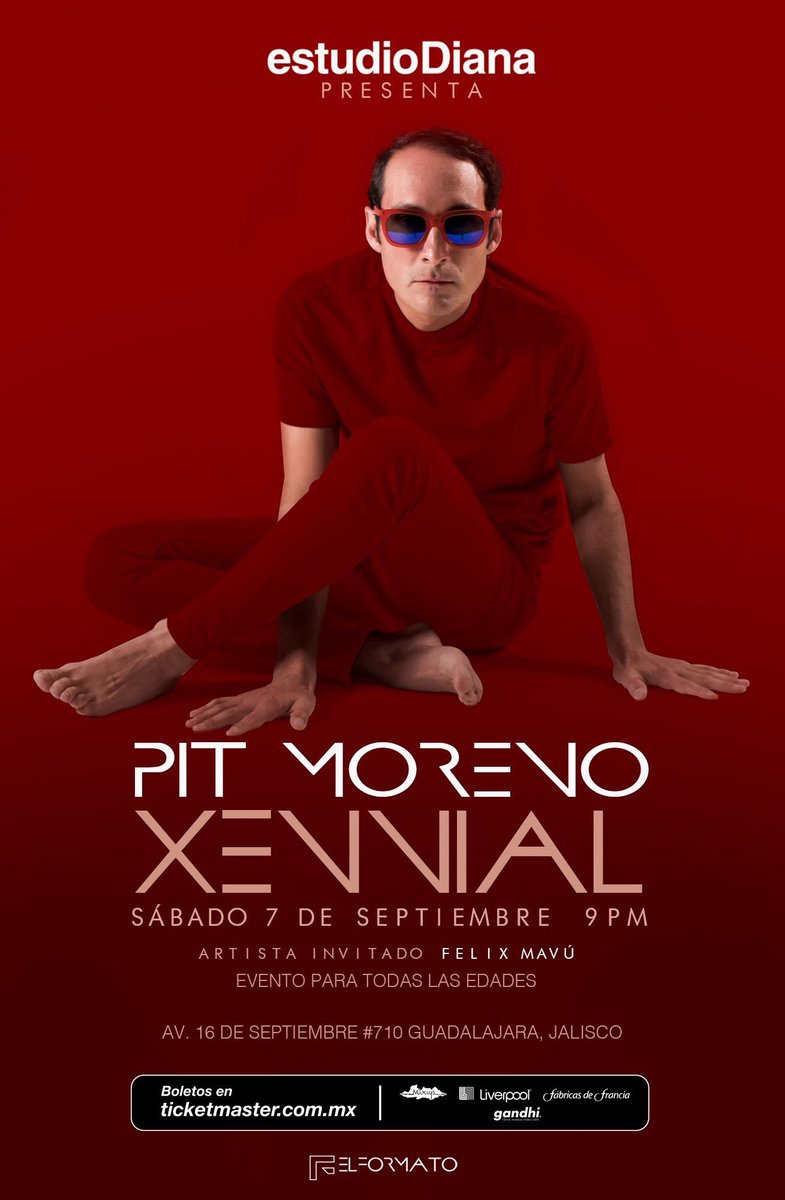 elpitmoreno's tweet photo. Con toda la emoción les anuncio que este próximo 7 de septiembre presentaré totalmente en vivo mi nuevo trabajo discográfico que lleva como título #XENNIAL; la cita es en #estudiodiana en Guadalajara. Será una noche larga con grandes invitados. ¡Gracias a todos por la espera! 👊 https://t.co/GoXBOLU2yK