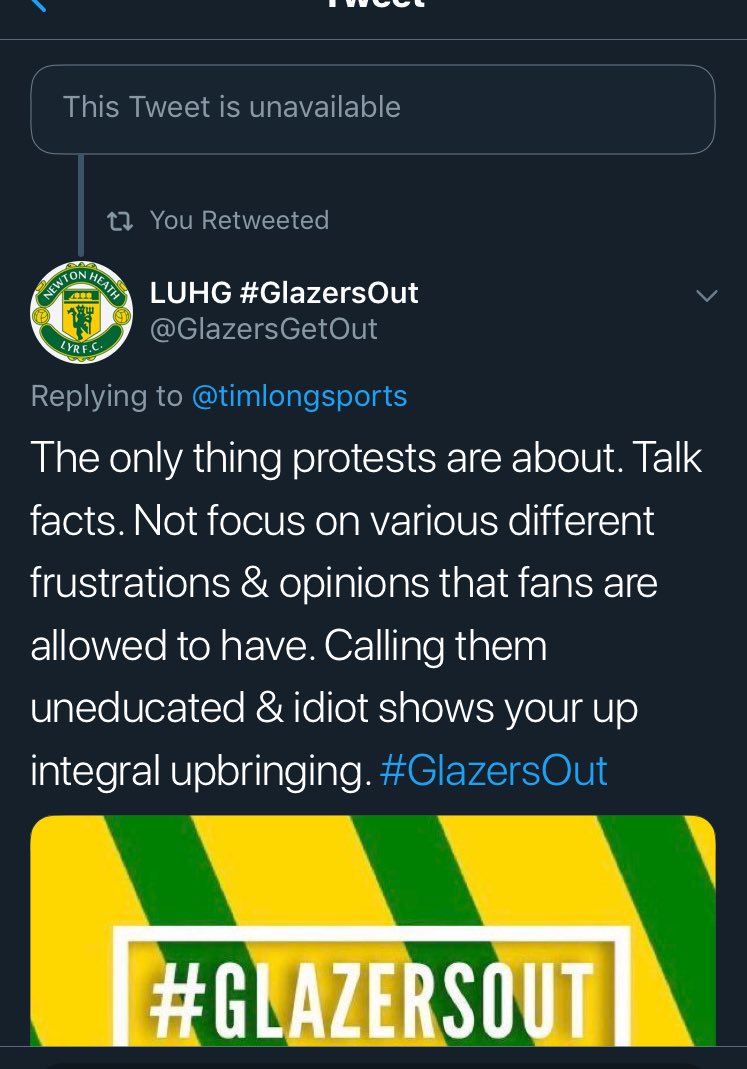 Threalreddevils's tweet photo. @ManUtd @talkSPORT Tim Long decided to tweet misleading stuff about our protests, slagging off fans for having opinions, and delude the general consensus about our campaign. 

Protesters blasted him with valid arguments which he had no answers to. 

Thread continued. #GlazersOut https://t.co/vpazBO71VY