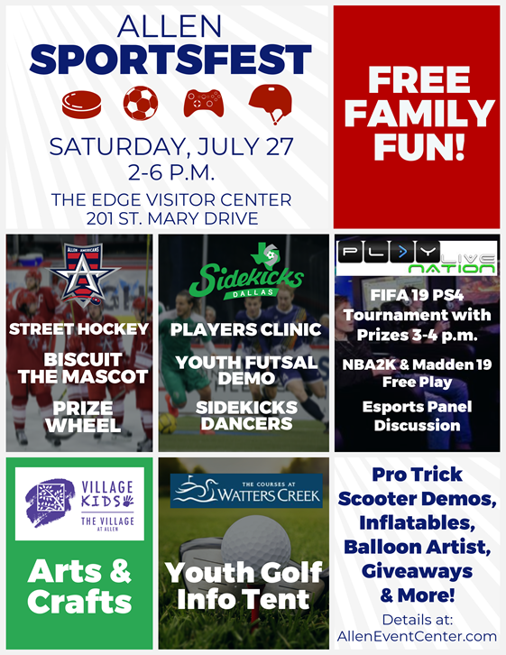 gosidekicks's tweet photo. We can't wait for this awesome event!!
Join us and other great partners for fun and games at the Allen SportsFest, Saturday, July 27, from 2-6 p.m. at The Edge Visitor Center.
#KicksInTheCommunity https://t.co/sXmvUVSOLC
