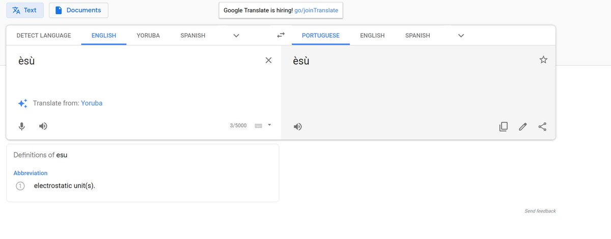 Fun fact: The campaign to change Èṣù from Satan/Devil on Google Translate took off organically in Latin America over the last couple of months, with petitions and blog posts, etc. Glad to hear today that it has now also been fixed in our Spanish and Portuguese translations.