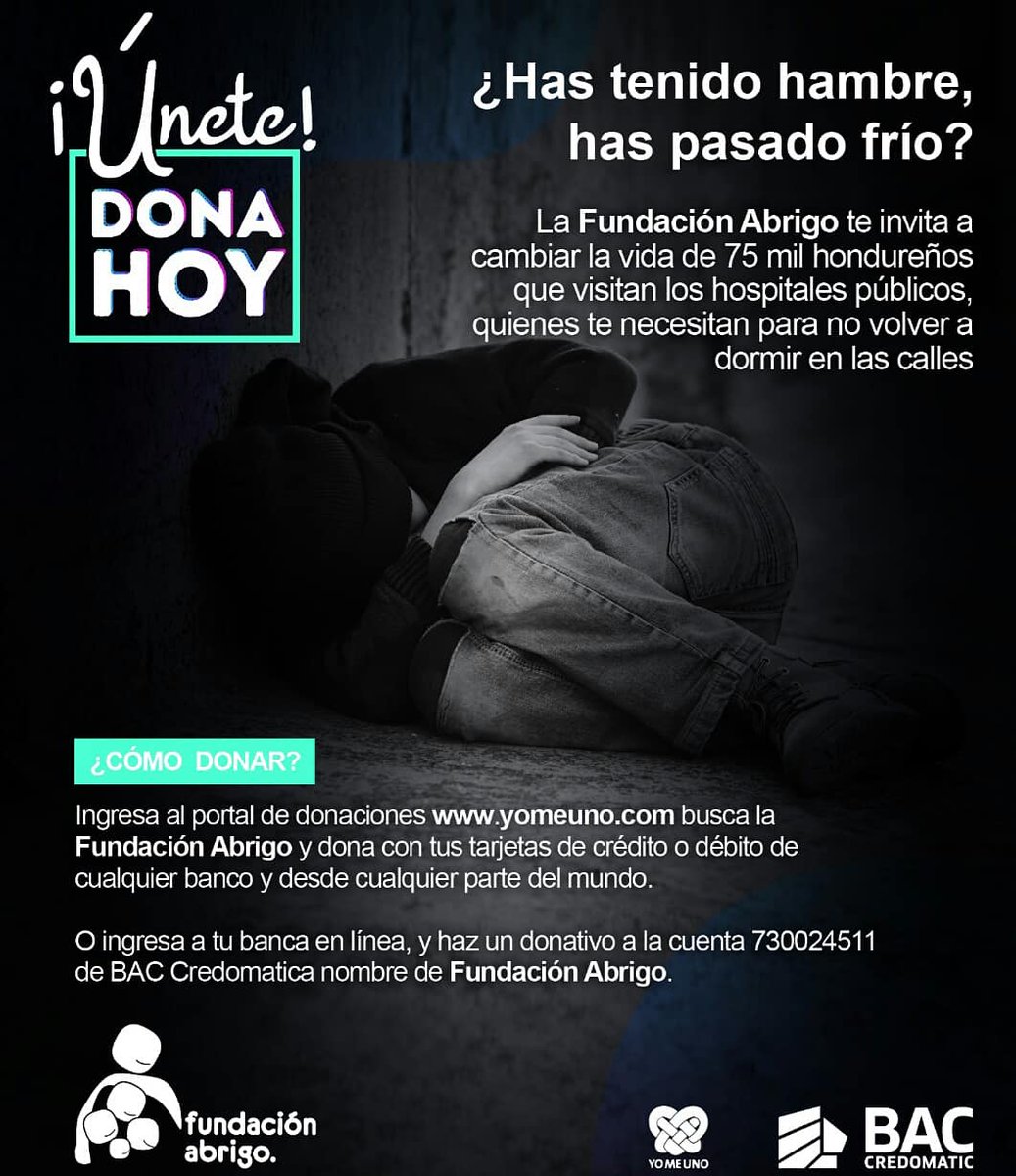 fundabrigohnd's tweet photo. #FundaciónAbrigo y @baccredomaticho se unen en esta campaña de lanzamiento para apoyar a nuestra Fundación. En https://t.co/jjIU2Y1E4f pueden apoyar desde cualquier parte del mundo con sus donaciones. Gracias a BAC Credomatic y a todos los que nos ayudan siempre! #yomeuno https://t.co/2xcULPh6Fq