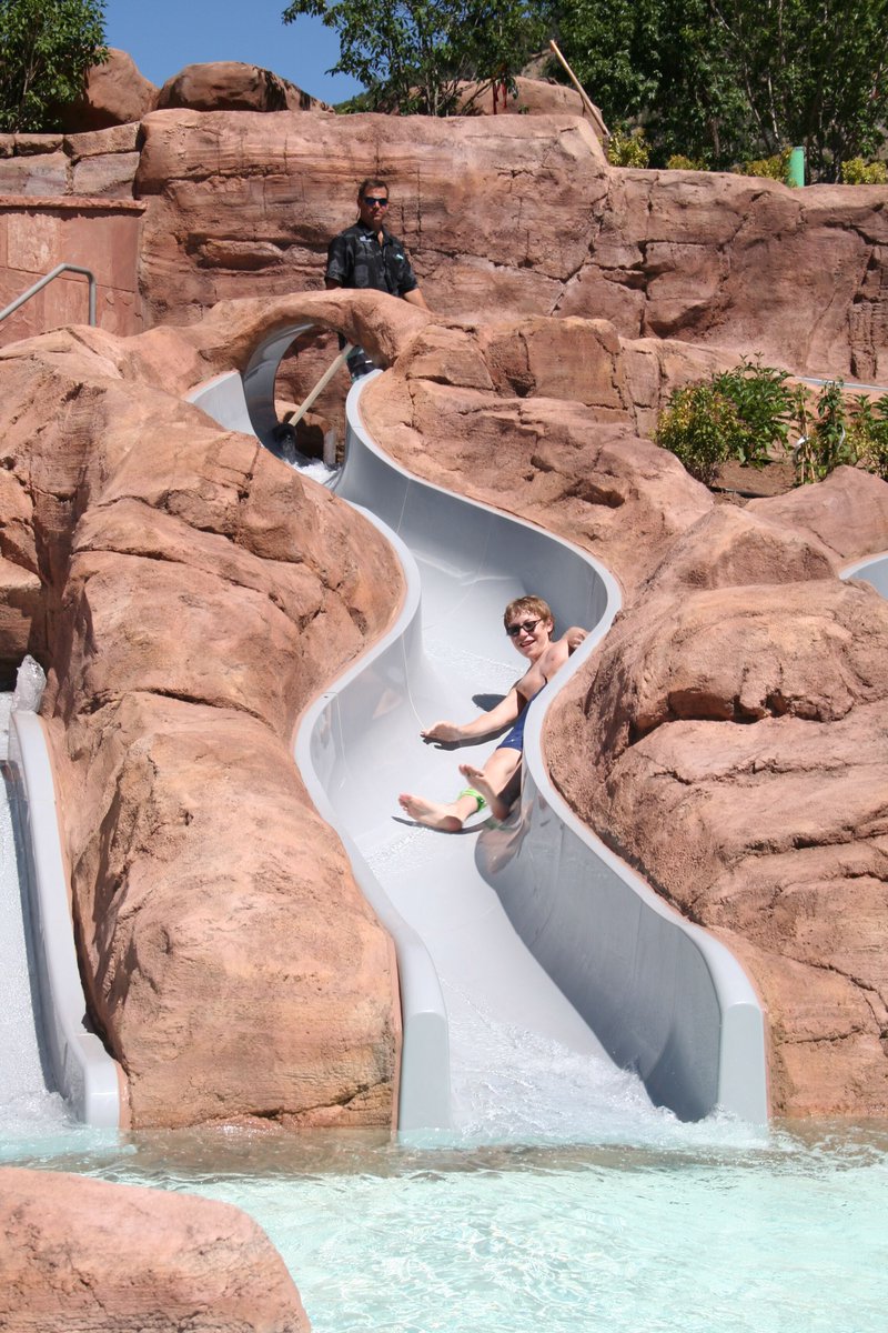Our new waterfall-fed wade-in pool, dubbed Hanging Lake, is ready for visitors! This new addition features three small kids' slides and a shady pergola. Stay tuned for updates as we put the final touches on the new Shoshone Chutes and Grand Fountain, opening later this month