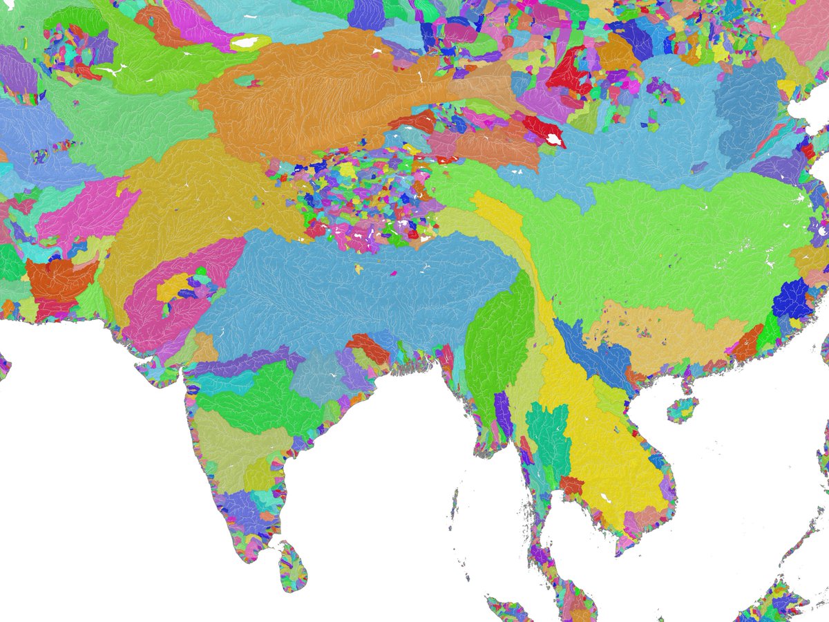 にゃんこそば データ可視化 流域地図の国際版 まずは東アジアから 日本に近い地域ではアムール川 濃赤色 黄河 長江の存在感が大きい バイカル湖から流れるエニセイ川水系は 流域面積がユーラシア大陸で最大 利根川 石狩川も流域面積は広いけど