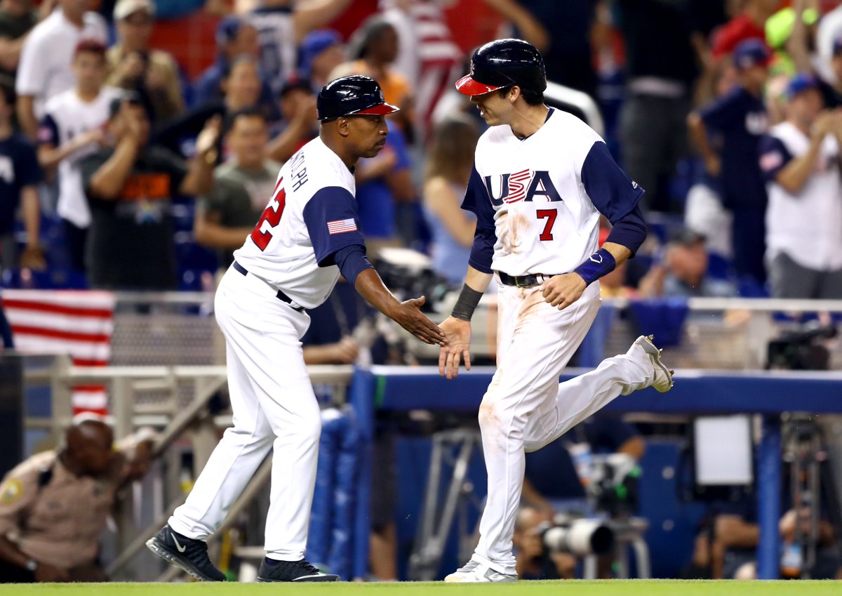 MLBNetwork's tweet photo. NL All-Star @ChristianYelich was a force for @USABaseball in the 2017 @WBCBaseball! 💪⚾️🇺🇸

RETWEET for a shot at a replica @MajesticOnField #TeamUSA jersey and tune into our All-Star coverage beginning Sunday in Cleveland!

Rules in bio. https://t.co/M3G8k2EksG