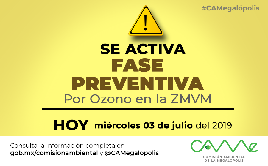 CAMegalopolis's tweet photo. 🚨AVISO🚨

Se activa FASE PREVENTIVA por #ozono en la #ZMVM.
Te invitamos estar al pendiente de la calidad del aire.

Mira el COMUNICADO acá  ➡ https://t.co/IGGsdIoDZc https://t.co/mwFnxTsJA7
