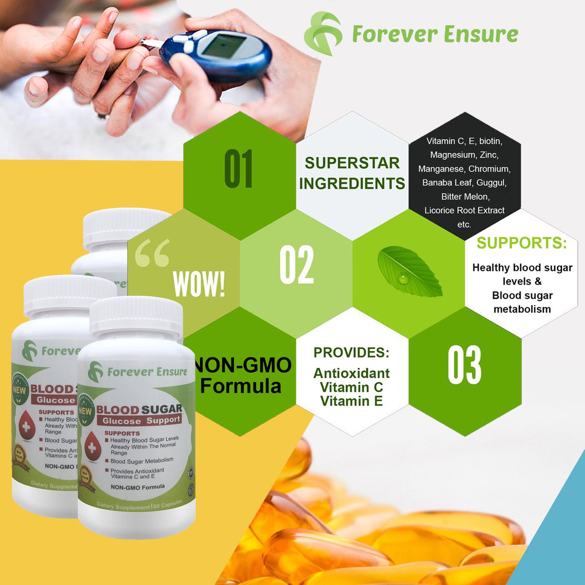 <a href="/foreverensure/">Forever Ensure</a> offers the right vitamins and nutrients to support every diet, our blood sugar supplement can help support diabetic or keto diet plans, lose weight and maintain better control naturally, restore cellular healthy with antioxidants, and more.