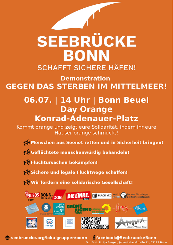 LINKE_KVBonn's tweet photo. 🚨Day Orange🚨
Wir sind froh, dass #CarolaRackete frei ist. Noch glücklicher wären wir, wenn das Massensterben im Mittelmeer aufhören würde. Deshalb ruft die @_Seebruecke_ am Sa., 6. 7., zur Demo. Um 14 h am Adenauer-Platz geht's los. #DayOrange #Seenotrettungistkeinverbrechen https://t.co/j1e36GqssV