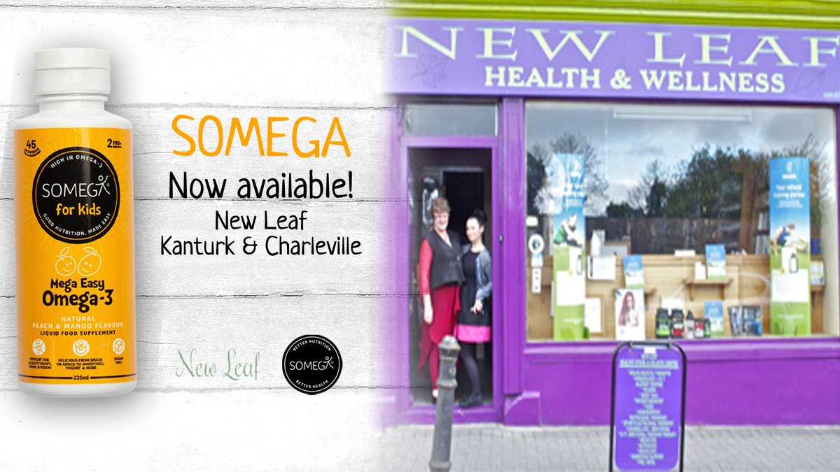 ✨ New Stockist ✨

Thrilled to announce that SOMEGA is now available in the thriving New Leaf Online health stores in Kanturk and Charleville 🙌

If you're looking for a delicious, nutritious omega-3 fish oil supplement for your family, just pop in to Mairead and Terena