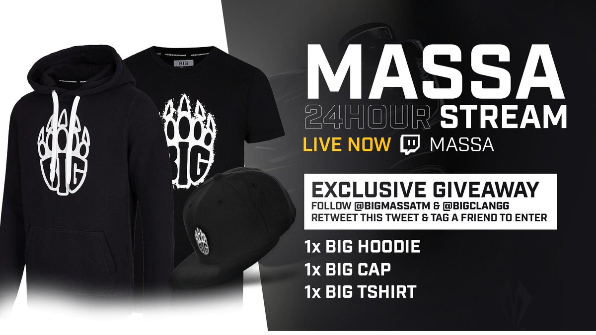 I’m giving away a BIG merch package made up of a hoodie, shirt and cap for you awesome people! To enter:

✅ Follow <a href="/BIGmassaTM/">BIG Massa</a> &amp; <a href="/BIGCLANgg/">BIG</a>
🔁 RT and tag a friend!

GLHF! #GOBIG

Rolled at the end of my 24h stream. U must live in the EU due to shipping.