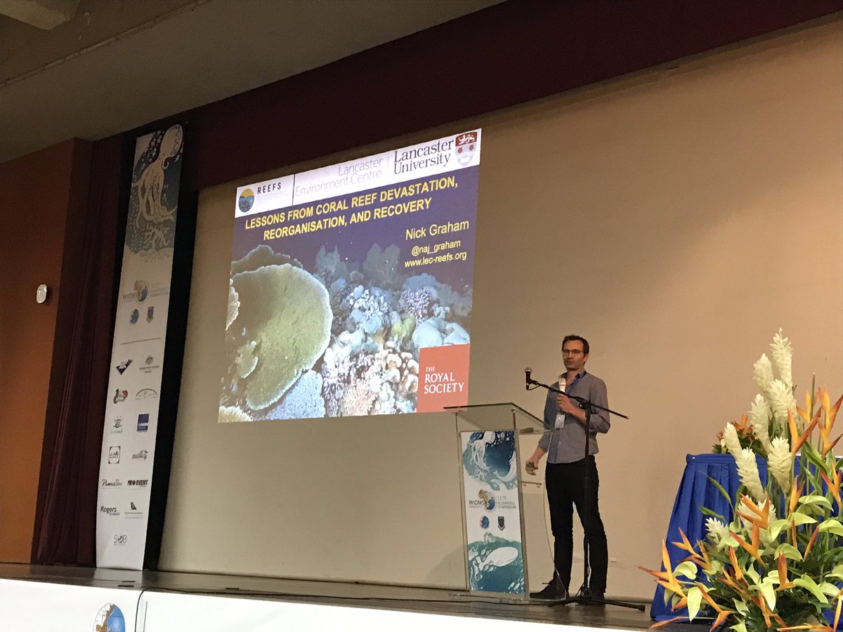 wiomsa's tweet image. Professor Nick Graham presenting his keynote presentation on ‘Lessons from coral reef devastation, reorganisation and recovery’ during the #wiomsasymposium2019