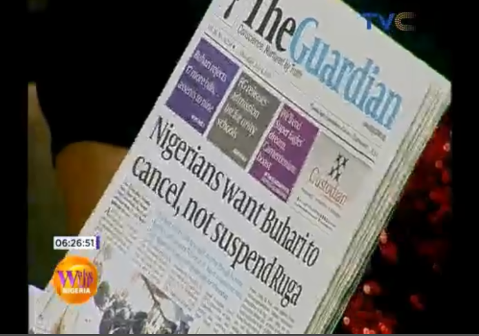TVCconnect's tweet photo. #MajorHeadlines on the front pages of the newspapers.
* Nigerians want Buhari to cancel, not suspend RUGA.
* Sex toy shop Scandal: Senator Abbo, who assaulted a woman, apologises, begs for forgiveness.
* How corruption worsens Oshodi-Apapa road gridlock. #WakeUpNigeriaOnTVC https://t.co/2ueWeZV5yL