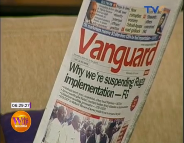 TVCconnect's tweet photo. #MajorHeadlines on the front pages of the newspapers.
* Nigerians want Buhari to cancel, not suspend RUGA.
* Sex toy shop Scandal: Senator Abbo, who assaulted a woman, apologises, begs for forgiveness.
* How corruption worsens Oshodi-Apapa road gridlock. #WakeUpNigeriaOnTVC https://t.co/2ueWeZV5yL