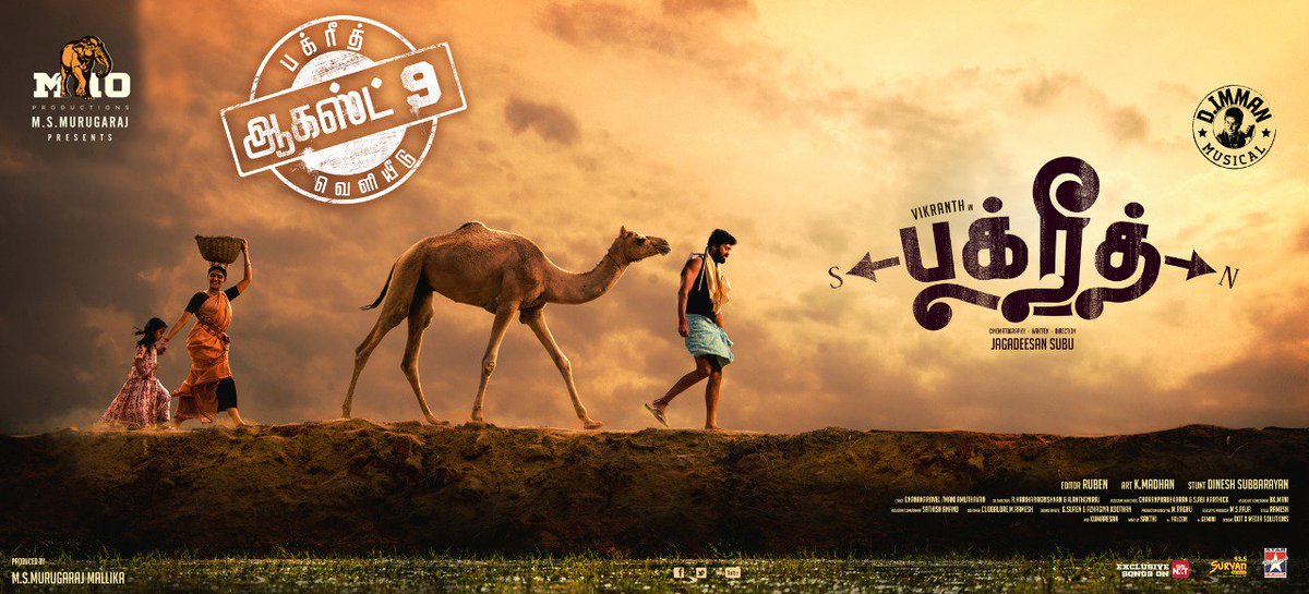 India First Camel Based Movie #Bakrid🐪 
Releases on August 9 
#BakridFromAug9 @vikranth_offl @ivasuuu @Jagadeesan_subu  @MsMurugaraj  
@HLShrutika @AntonyLRuben @gnanakaravel @starmusicindia @urkumaresanpro 
@cinemaparvaicom @Prabhastylish #M10productions