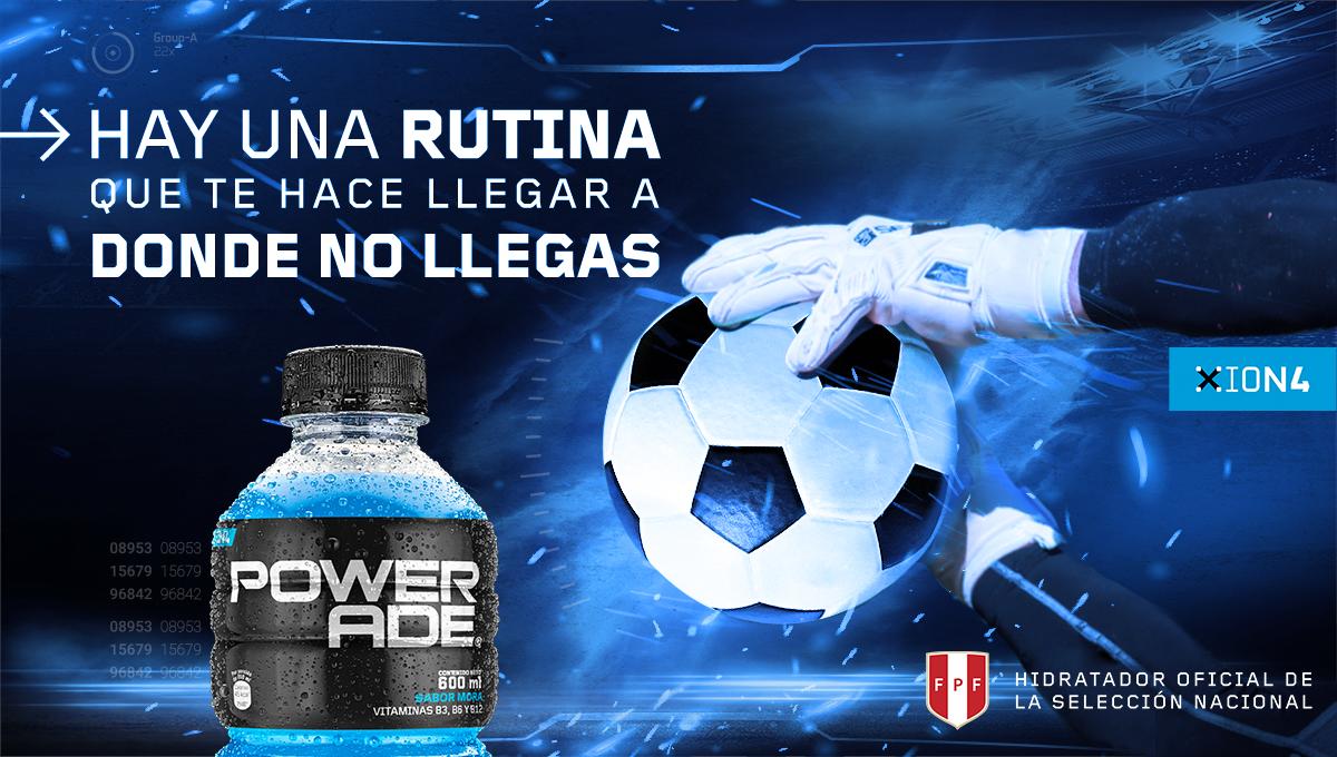 PoweradePe's tweet photo. Con talento alcanzas una pelota difícil, con una rutina intensa alcanzas la gloria. #Powerade #ION4 El power que tu rutina necesita. #ArribaPerú https://t.co/ewPIDeocUA