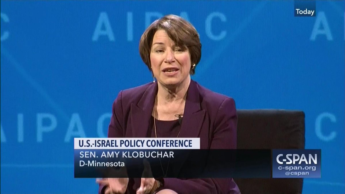 6.  @amyklobuchar: Times Of Israel called her “the candidate most closely aligned w/ AIPAC” & was featured 2018 speaker. Says it's an “unequivocal yes” that Israel meets human rights standards. Pledged to uphold Trump's embassy move. Voted for anti-BDS Act:  https://bit.ly/2NxSiiD 