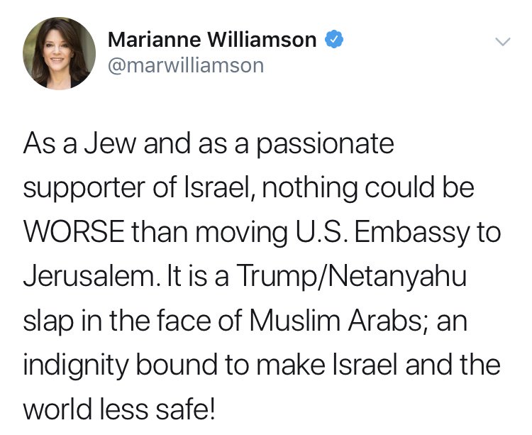 12.  @marwilliamson: Would reverse recognition of Golan Heights as part of Israel. Opposes BDS. Says her “love for Israel is second only to love for the US” & “The mortal mind alone cannot devise an answer to the conflict, because the true answer lies beyond our mortal thinking.”