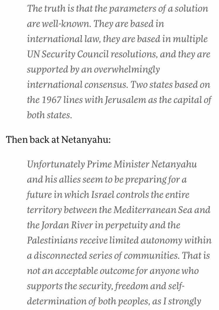 16.  @BernieSanders: Record of support for Palestinian rights. Defines his two-state position along int'l law, withdrawing Israel to 1967 borders. Says Israel must end “crushing military occupation” & siege of Gaza. Votes for military aid; threatens to end aid over settlements.