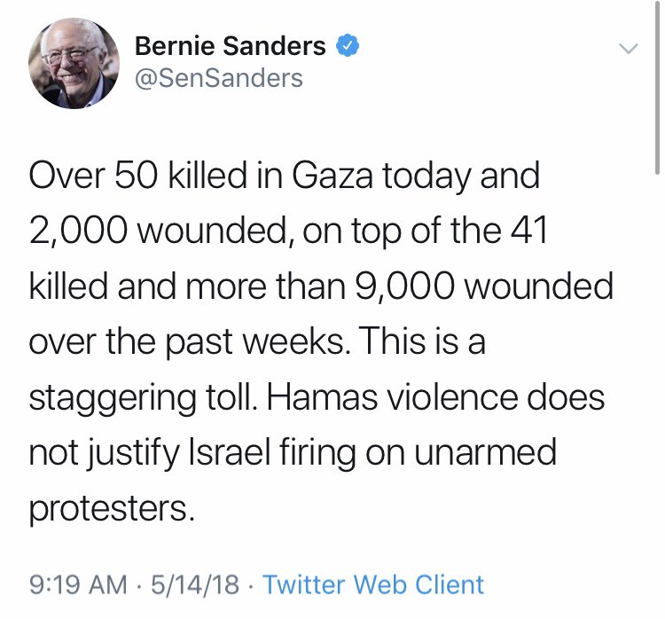 Bernie was only 2016 candidate to boycott AIPAC. Opposes “one state” solution & BDS. Signed letter accusing UN of “anti-Israel bias.” Denounced “indiscriminate” Gaza bombing. Of Great March: “Innocent people are being killed” & “Israel should be condemned”  http://bit.ly/2NG8i2m 