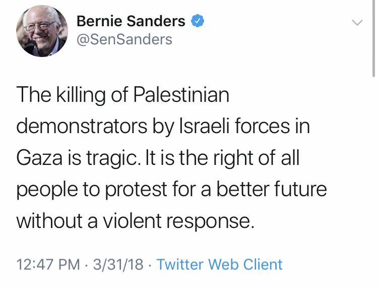 Bernie was only 2016 candidate to boycott AIPAC. Opposes “one state” solution & BDS. Signed letter accusing UN of “anti-Israel bias.” Denounced “indiscriminate” Gaza bombing. Of Great March: “Innocent people are being killed” & “Israel should be condemned”  http://bit.ly/2NG8i2m 