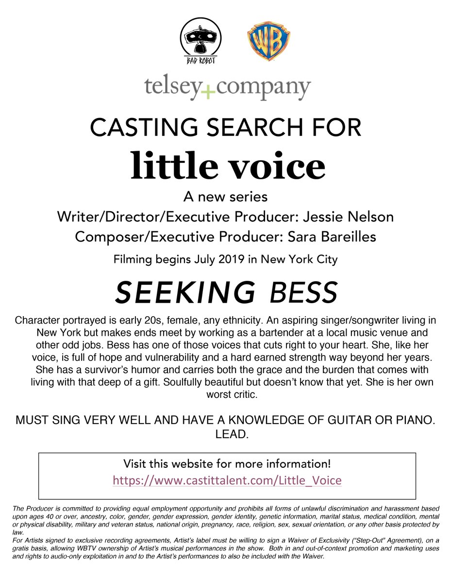ParadigmTalentAgency (@paradigmagency) on Twitter photo Casting search for "Little Voice," a new series from writer/director/executive producer Jessie Nelson and composer/executive producer <a href="/SaraBareilles/">Sara Bareilles</a>. See castittalent.com/Little_Voice for more info! Casting search for "Little Voice," a new series from writer/director/executive producer Jessie Nelson and composer/executive producer <a href="/SaraBareilles/">Sara Bareilles</a>. See castittalent.com/Little_Voice for more info!