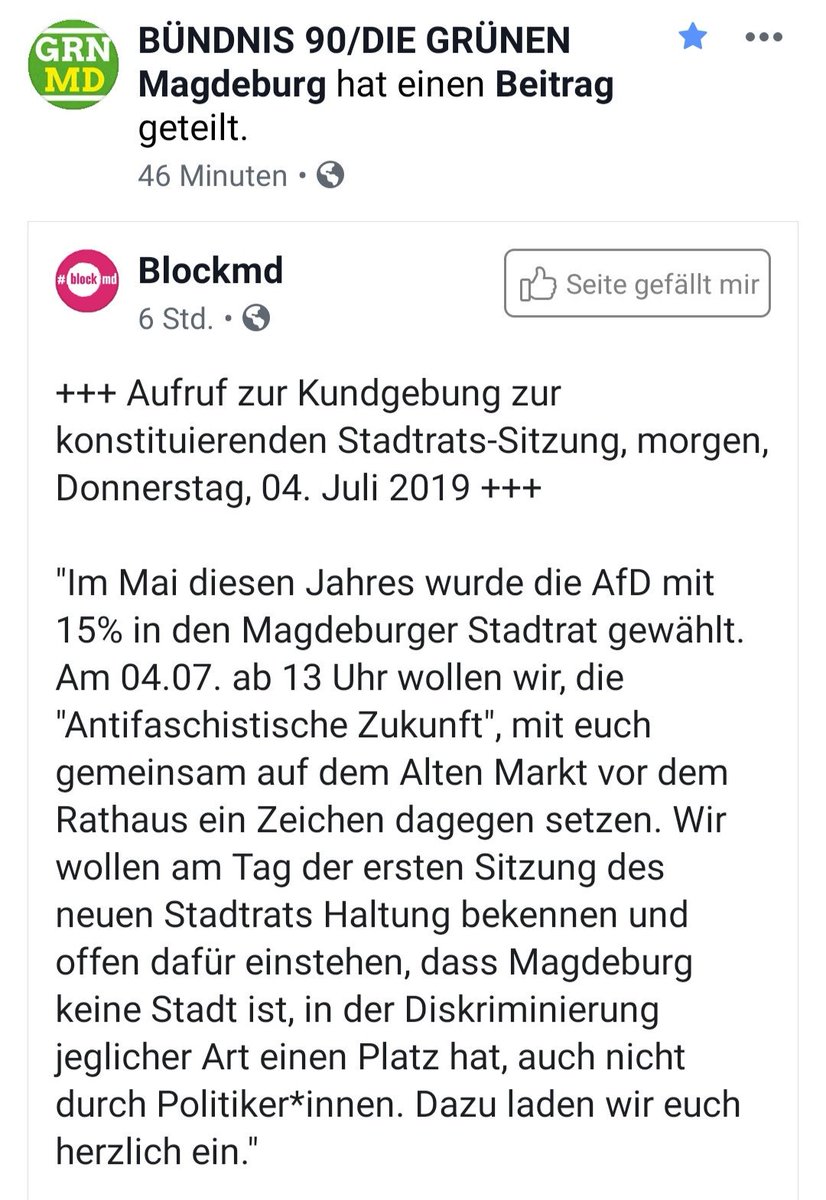 AfD_Magdeburg's tweet photo. Dass die #Grünen den Aufruf von #blockmd weiterverbreiten& sich mit keinem Wort vom extremistischen Charakter der Initiatoren& ihrer Ziele distanzieren, ist als stillschweigende Billigung zu werten.Wundert uns nicht. Grün ist eben Kommunismus für Oberschichtblagen.#AfD #Magdeburg https://t.co/x4sNbrmIF8