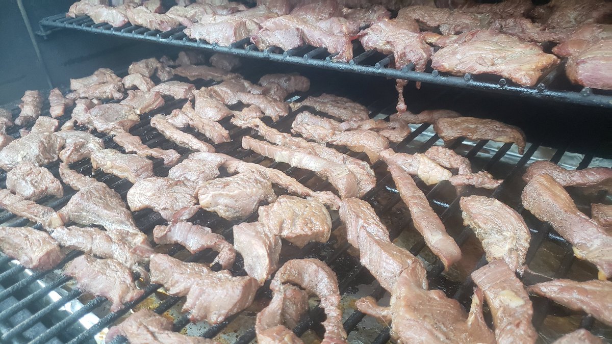 PrehmsBBQ's tweet photo. Six pounds of flank steak on the smoker right now. Smoking it into Beef Jerky. Needs about 5 to 6 hours total. We're on hour one. #PrehmsBBQ https://t.co/XFmHq9VCsD