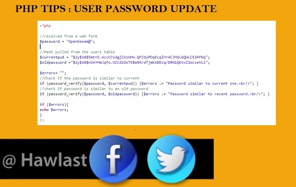 hawlast's tweet photo. #PHP Web application security. On password ret, you want your user to enter a password that they have not used before. Check out how you can implement this on your PHP code using the password_verify() function https://t.co/5aJoTXAT8k