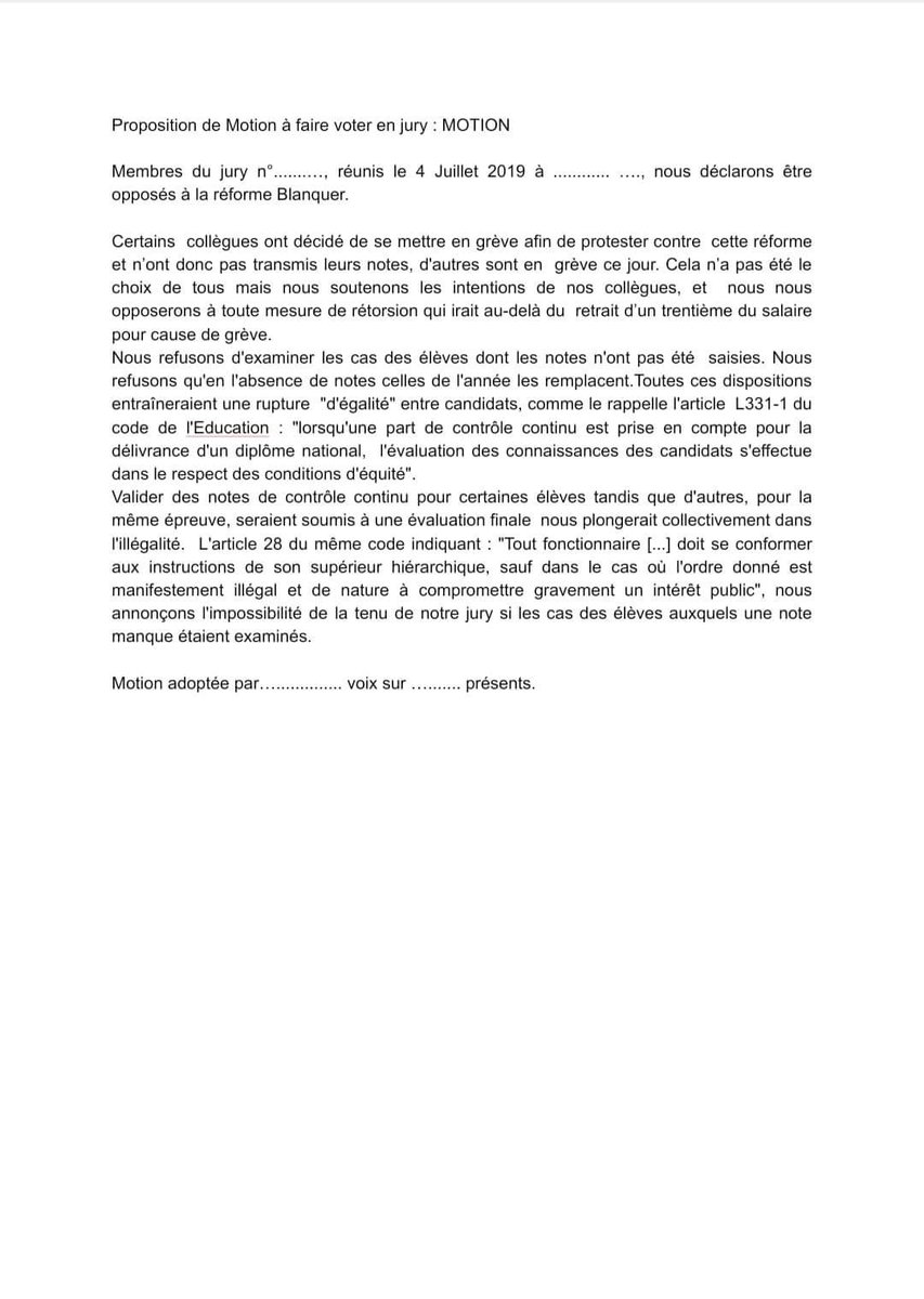 Si vous n'avez pas fait la #RetentionDesNotes des notes, faites voter la motion suivante dans votre jury demain :
#BAC2019 #StylosRouges