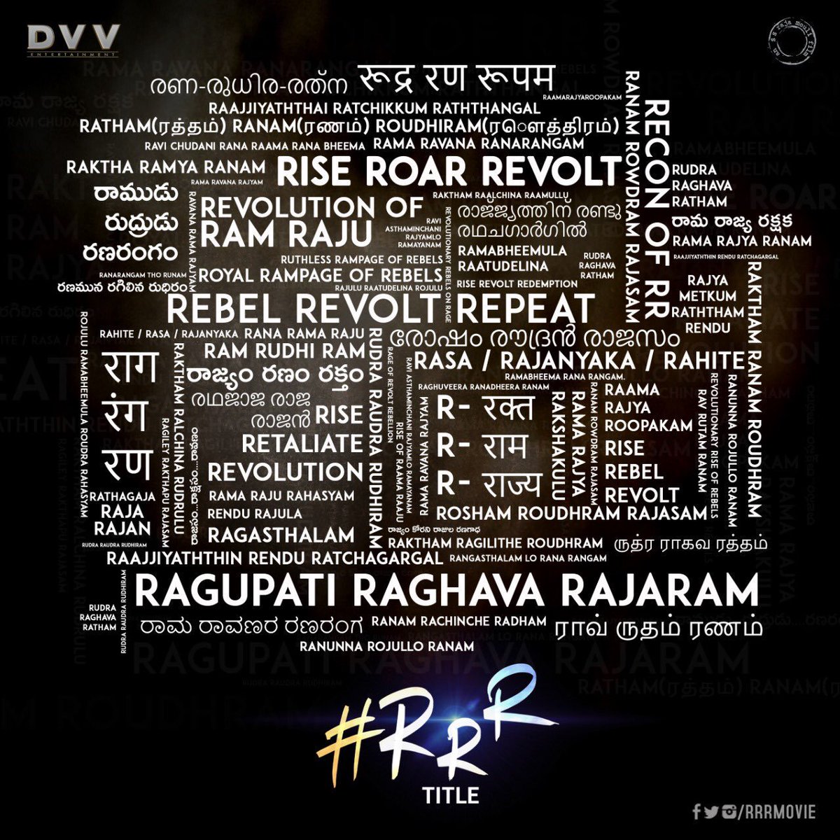 AlwaysRamchara7's tweet photo. Expansions for #RRR kept pouring in from all sides in all languages, since the day we asked you to come up with the Title. Some are powerful. Some are intense. Some are thoughtful. We loved some of them! Keep sending them in. Who knows, your title could be the actual #RRRTitle! https://t.co/SEoHLGzvqr