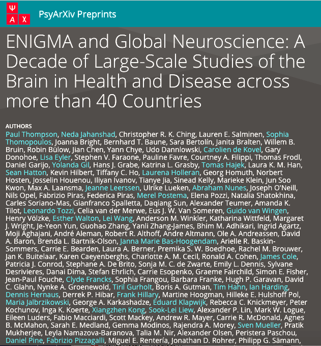 "ENIGMA and Global Neuroscience: A Decade of Large-Scale Studies of the #Brain in Health and Disease across more than 40 Countries" - new pre-print out today; 10 years in review: psyarxiv.com/qnsh7/ THANK YOU ALL scientists worldwide coordinating this very complex work!