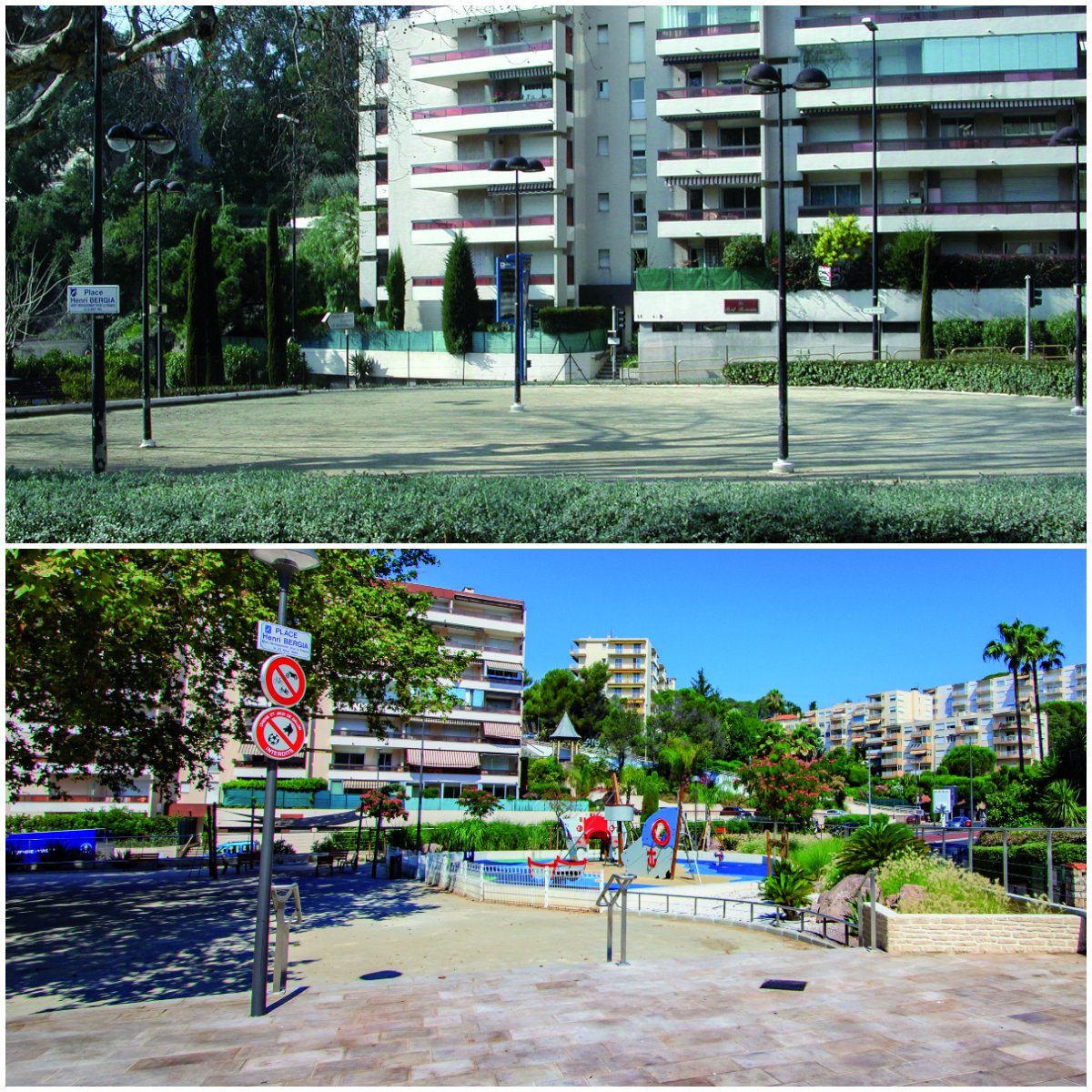 villecannes's tweet photo. [5 ANS D'ACTIONS À #CANNES] 

Dans le cadre du #PlanSquares initié par @davidlisnard dès le début de son mandat afin d'améliorer la qualité de vie des Cannois, 14 squares ont été rénovés et 8 créés. 

📸 La place #Bergia avant/après. 

Via #CannesSoleil ➡ https://t.co/qJXusn9x8h https://t.co/DVjUF00WZK