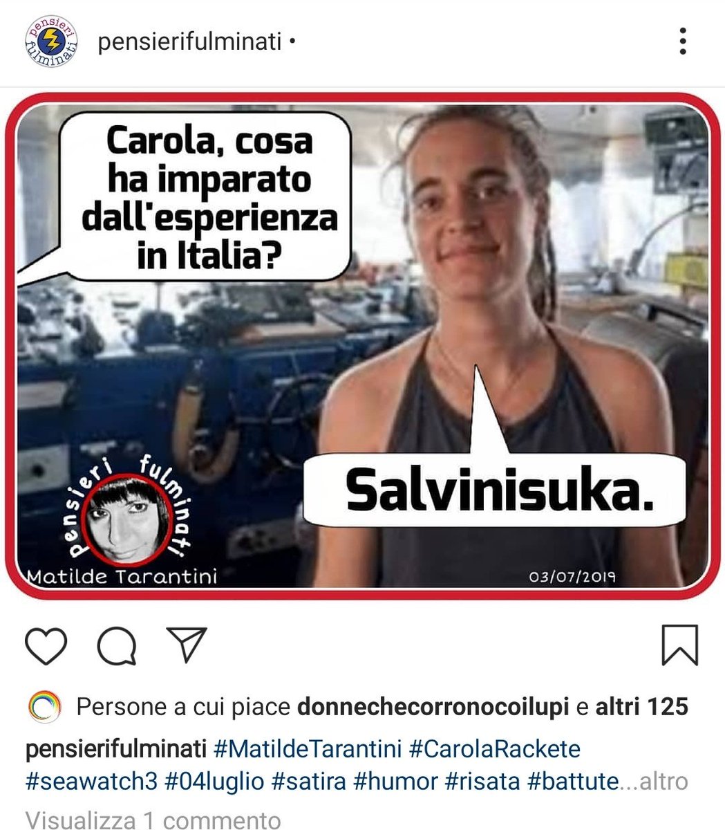 PensieriFulmina's tweet photo. [Quando una parola è poco e due son troppe]

-  Carola, cosa ha imparato dall'esperienza in Italia?
+ Salvinisuca.

#MatildeTarantini @CtMatildet
#CarolaRackete #SeaWatch #03luglio https://t.co/OY4xVNP7Uc
