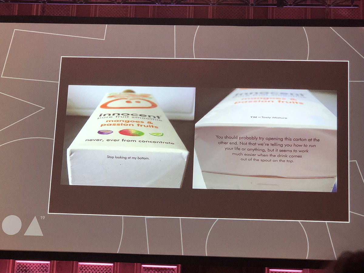 BeckyReflect's tweet photo. Love this from @innocent building a connected community #brand #loyalty #TOA19 #ISE2Seas @Kent_int_biz @ReflectDigital #witty #fun #community https://t.co/KnHb0bH9vT