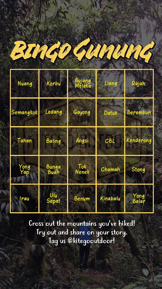 Korang dah bingo ke belum ? 

Cross out dan tag kiteorg dekat story IG ! <a href="/kitegooutdoor/">Kitego Outdoor</a> 

Gogo semua, boleh tengok dan up trip mana yang dorang belum pergi. 

@twt_outdoor