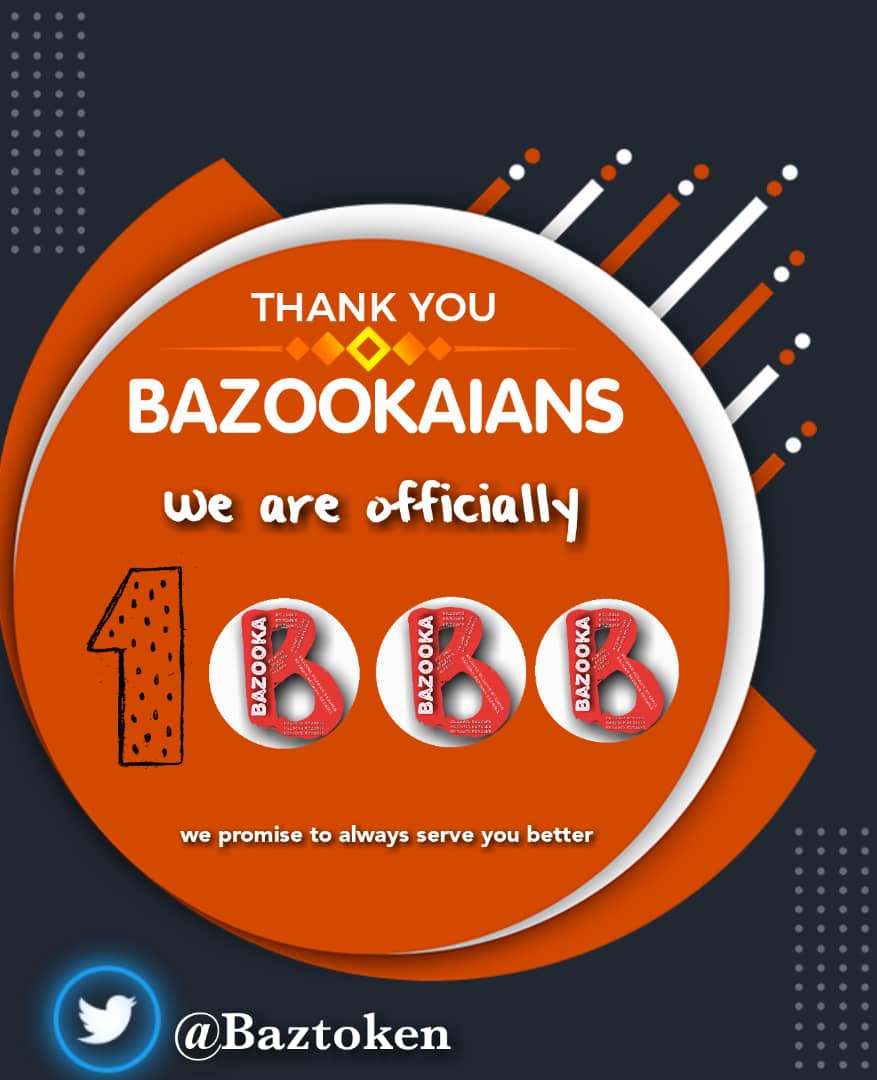 To celebrate our 1000 Members on Telegram Group we shall be giving out 2000 $Baz to random 20 $Baz to 100 Bazookians randomly.
Follow + Retweet + Like
Tag 5 Friends
Drop Eth wallet
#Bazooka #BazToken #Airdrop #Baz #RealEstate #EGaming #SportsBetting