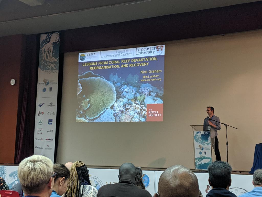 evau92MB's tweet image. Supervisor @naj_graham giving 1st keynote today on his work in the WIO since 1998 bleaching:
- Recovery or regime shift driven by depth/ rugosity/ juv. corals/ nutrients/ herbivores 
- Not all nutrients are bad (guano)
- Fish communities change post bleaching
#wiomsasymposium2019