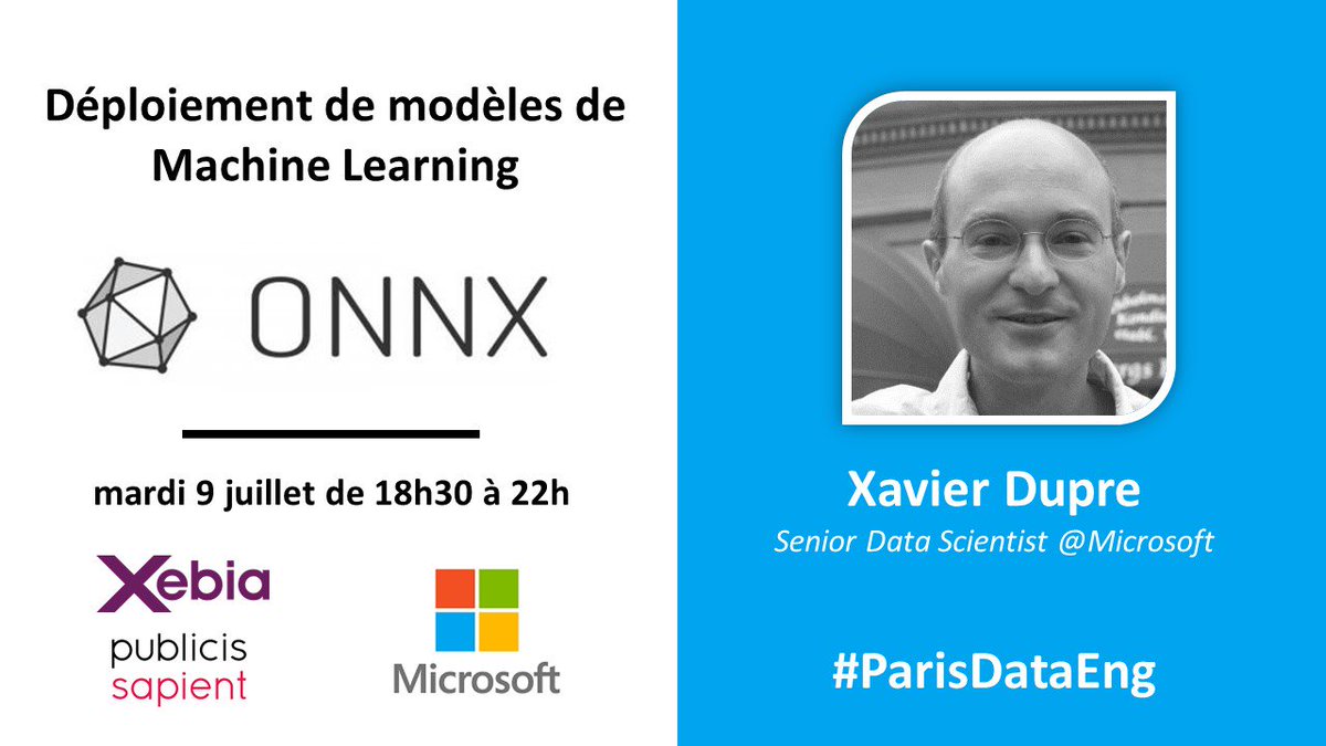ParisDataEng's tweet image. Nous sommes heureux de recevoir Xavier Dupré la semaine prochaine chez @XebiaFr pour notre session autour du #MachineLearningEngineering. Vous pouvez retrouver sa biographie et les détails de son intervention👉 bit.ly/2ZGrYUG