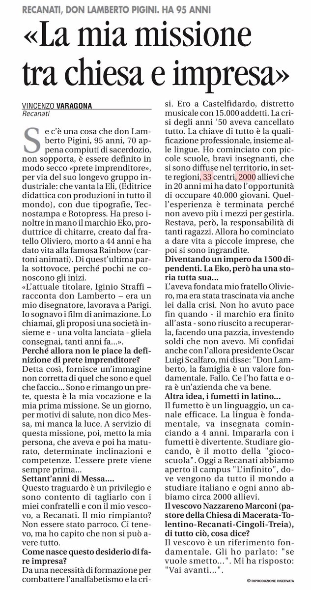 vivar's tweet photo. Su @Avvenire_Nei oggi l’omaggio a don #lambertopigini #preteimprenditore che a 95 anni celebra con i confratelli e il vescovo i suoi 70 anni di sacerdozio. Ha fondato #rainbow #tecnostampa #rotopress #eli e rianimato #eko fondata dal fratello #oliviero, morto prematuramente https://t.co/iiq2n1AuYG
