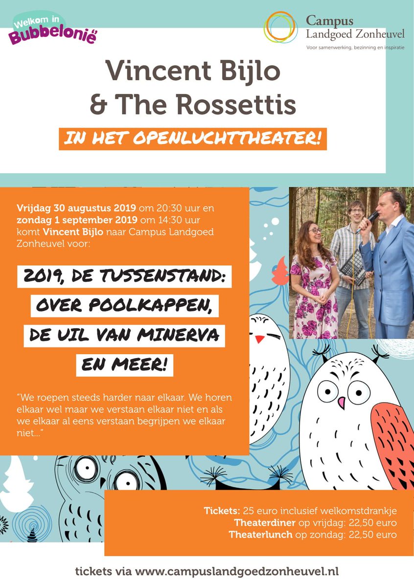 Op 30 augustus en 1 september komen Vincent Bijlo en the Rossettis naar het Openluchttheater op Campus Landgoed Zonheuvel. <a href="/vincent_bijlo/">Vincent Bijlo</a> over 2019: de tussenstand: poolkappen, de uil van minerva en meer! Tickets? ⬇
buff.ly/2Keqwo8