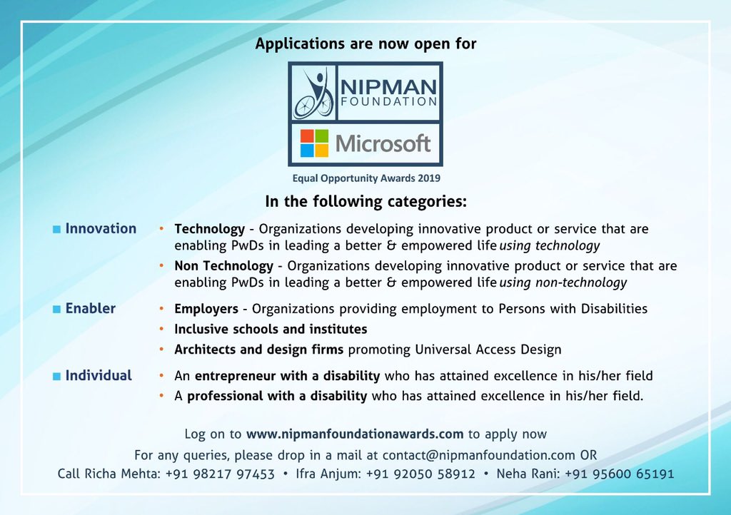Applications are now open for the Nipman Foundation Microsoft Equal Opportunity Awards 2019. Apply now at nipmanfoundationawards.com <a href="/MSFTEnable/">MSFT Accessibility</a> <a href="/MicrosoftIndia/">Microsoft India and South Asia</a>