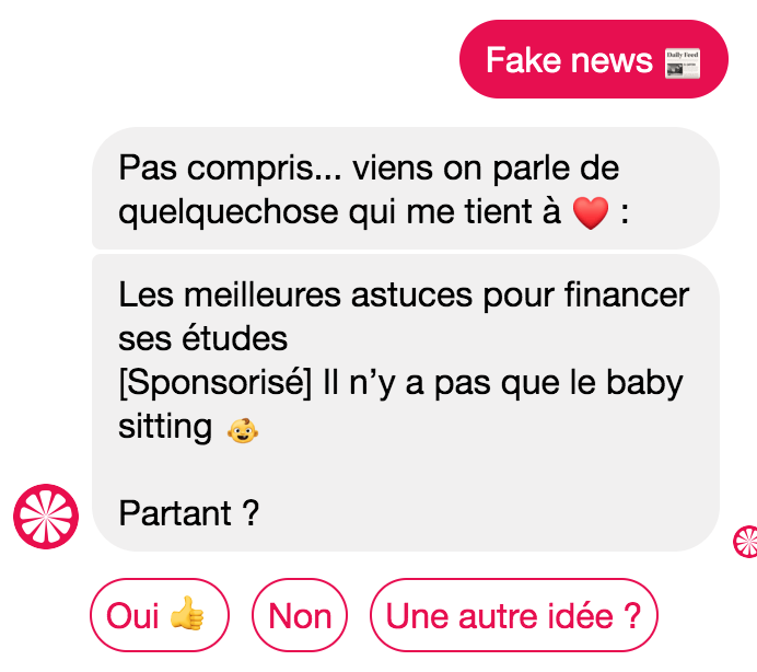 tomg_'s tweet photo. Nouveau : le chatbot qui ne comprend même pas quand tu cliques sur un de ses boutons. Et te propose directement un truc sponso dont tu n'as rien à faire. #dumbbots #chatbots #GrandChelem https://t.co/7VJUVYq0ZS