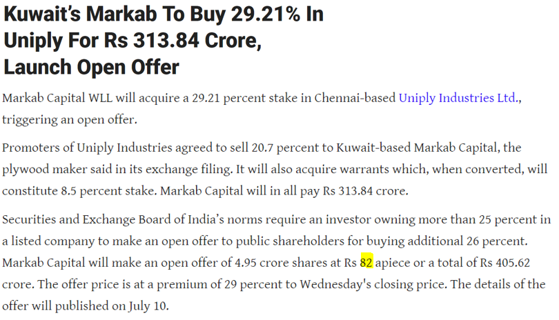 gvkreddi's tweet photo. #Uniply Industries is locked in UC due to Markab Capital buying 29.21%. Promoter stake to reduce to 7% post stake sale but more interestingly, open offer price at Rs. 82. Uniply to move from Rs.66.95 to Rs.82 now?
#stockmarkets #stocks #investors #investing #investments #equities https://t.co/oh5KrpAOgv