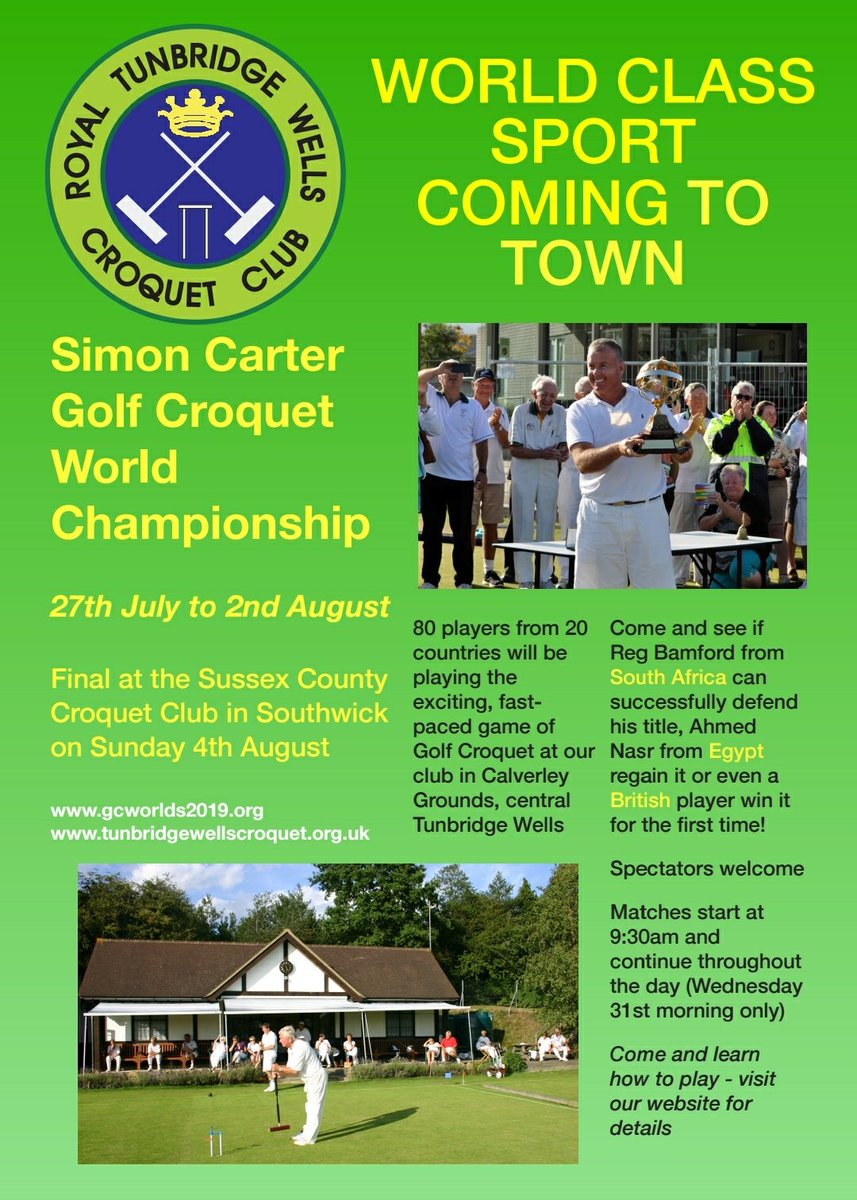 World class sport is coming to town! 

80 players from 20 countries will be playing Golf Croquet at the <a href="/CroquetWells/">Tunbridge Wells Croquet Club</a> club in Calverley Grounds, Tunbridge Wells.