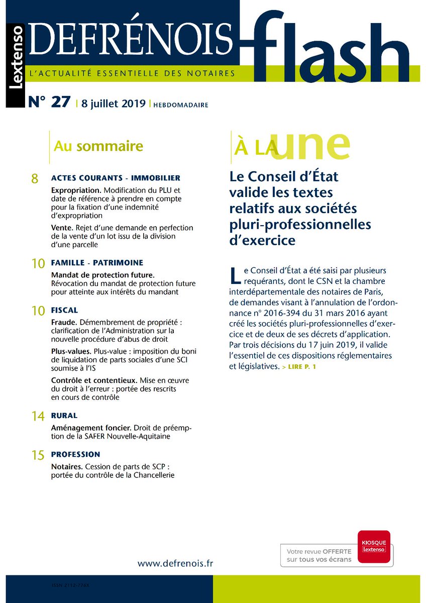 LextensoNotaire's tweet photo. Le Defrénois flash n° 27 vient de paraître ! À la Une : "Le Conseil d’État valide les textes relatifs aux sociétés pluri-professionnelles d’exercice"
#Notaires, découvrez le Sommaire : https://t.co/JoNjutOEZj https://t.co/yMkL6NVq0y