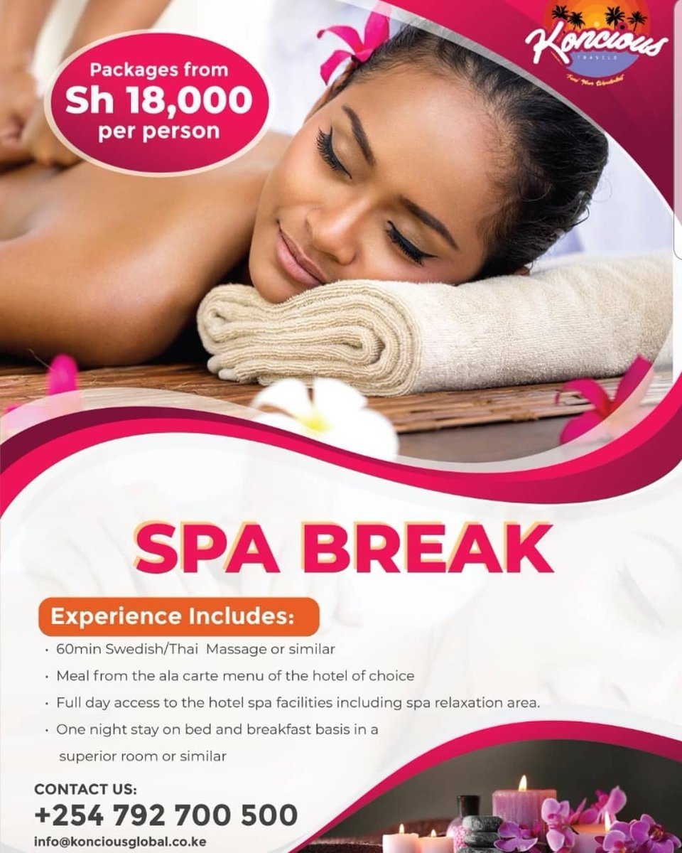 KonciousTravels's tweet photo. Time for that break is long overdue.
#spa #swedishmassage #unwind #massage #wellness #midyearbreak #koncioustravel #magicalkenya #tembeakenya #whyilovekenya #safaricomkenya https://t.co/MobcaD3d9B