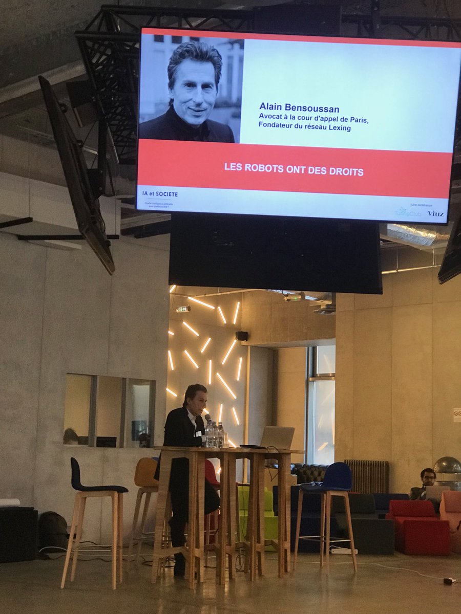 LexingAvocats's tweet photo. Les robots ont des droits : Keynote d’Alain Bensoussan dans le cadre de la conférence “IA et société” organisée par @Viuzfr et le #TuringClub Place des Génies @A_Bensoussan #iaetsociete #Robotics #ia #Ai #robots https://t.co/M9OuXHf084