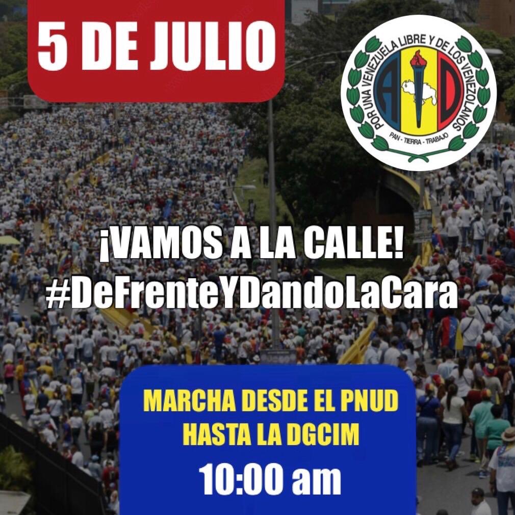 adbernabe's tweet photo. Este #5Jul, día de la independencia, toda la militancia de @ADemocratica se movilizará a las calles de Vzla para exigir el fin de la violación de los DDHH y la injerencia castrista. Vamos #DeFrenteYDandoLaCara contra un régimen que solo se burla ante la necesidad y el hambre. https://t.co/KzmqOWQf7T