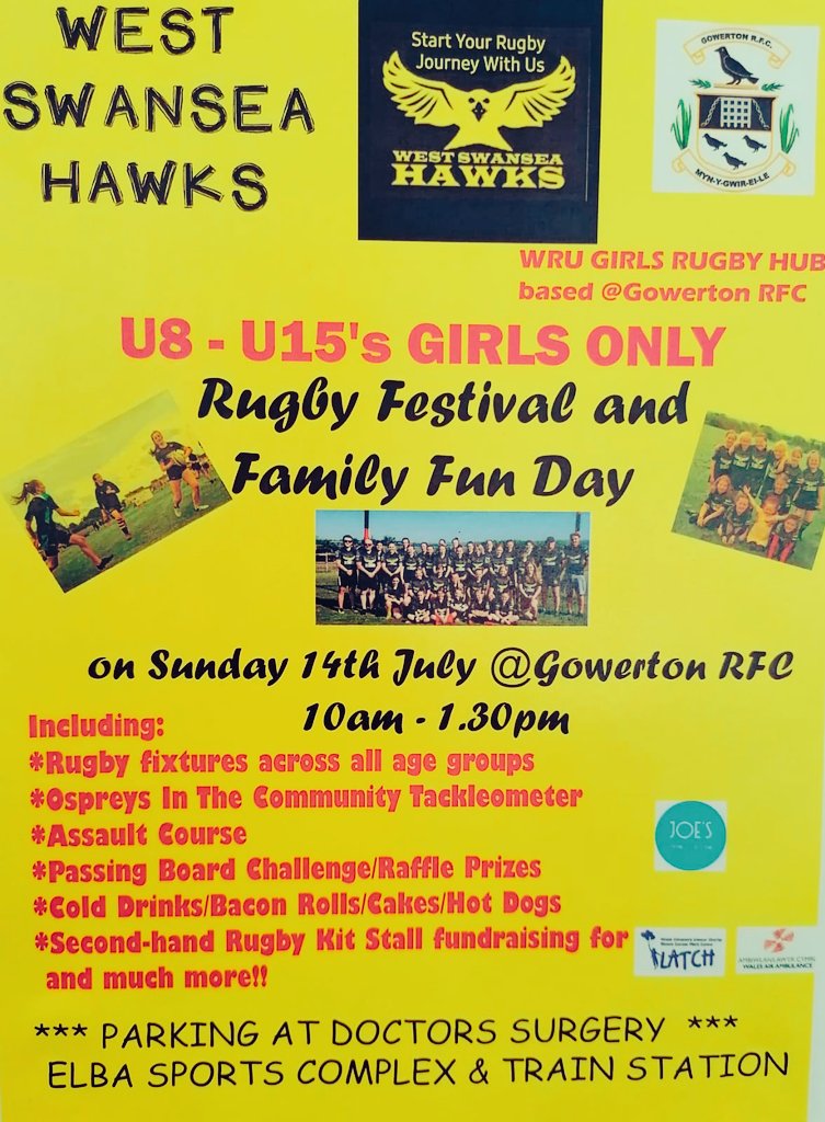 West Swansea Hawks Girls Rugby Festival 14th July <a href="/gowertonrfc/">Gowerton RFC</a> U8s to U15s. Rugby Fixtures, OITC Tackleometer, Assault Course, Refreshment Stalls, Nearly New/Used Kit Stall &amp; more 🏉🏉 @JoePDavies1988 <a href="/vvrugby/">Valley Vixens</a> <a href="/OgwrHawks/">Ogwr Hawks</a>  <a href="/StradeySospans/">Stradey Sospans Rugby Hub</a> @ValleyHawks1 @TafValley <a href="/TalbotReds/">Talbot Reds</a>