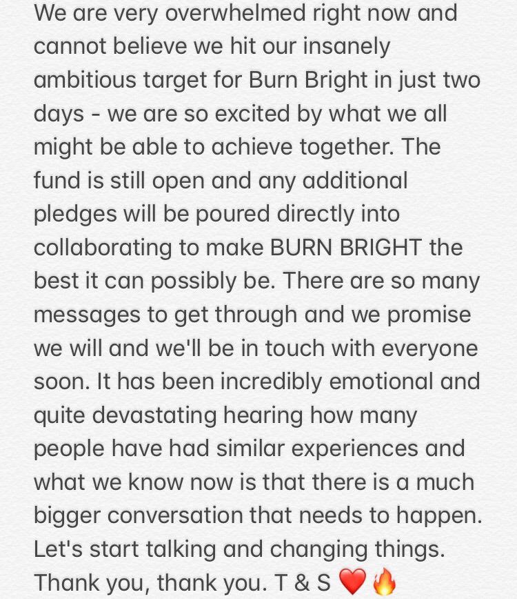 Thank you all from the bottom of our hearts. x #burnbright 🔥👑