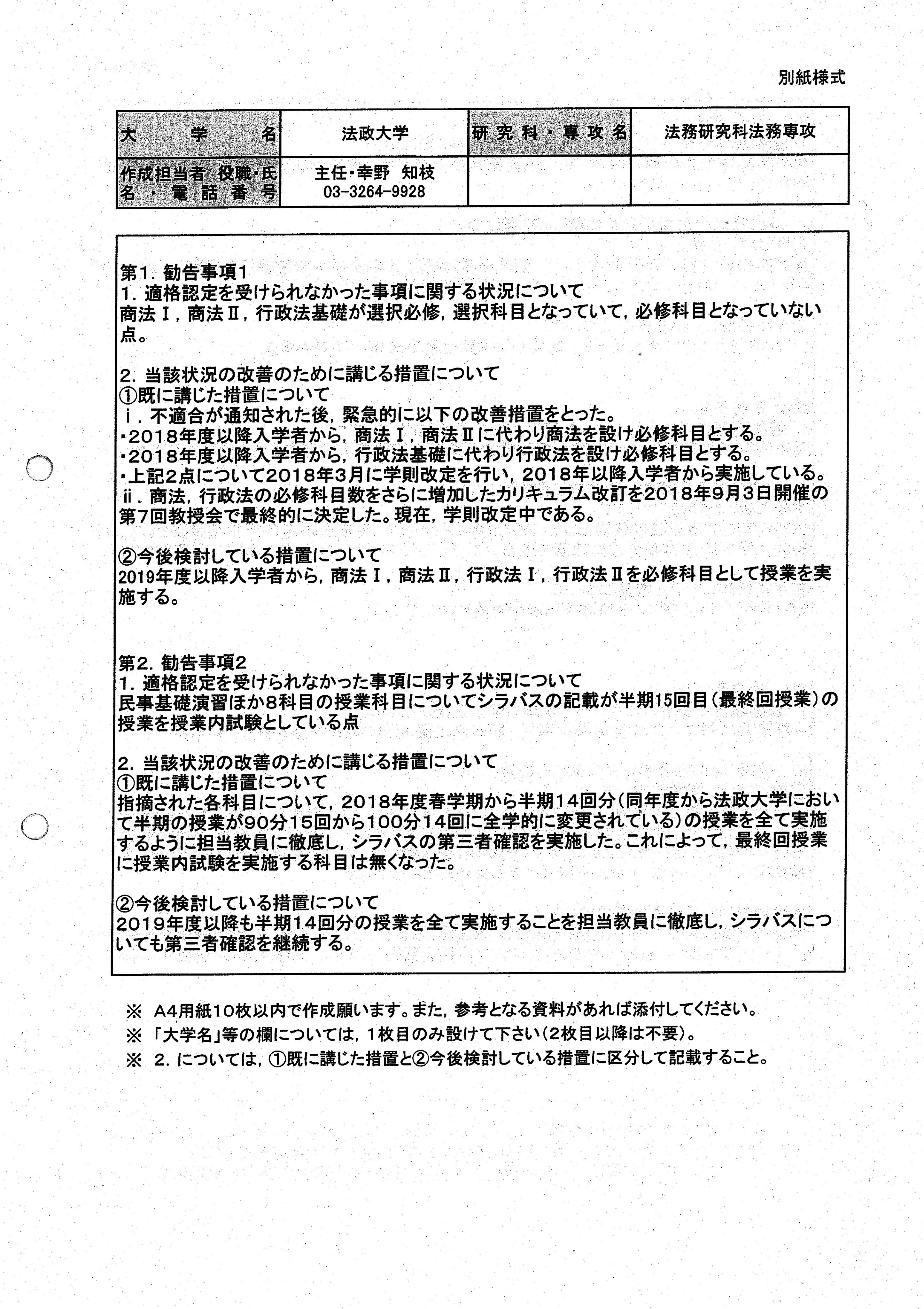 法科大学院研究会 この添付資料は 法政大学法科大学院 が公益財団法人大学基準協会の認証評価において不適合判定を受けた際に文部科学省から受けた指示とその指示に従い当該法科大学院が文部科学省に提出した資料を当方が情報公開請求により入手したものです